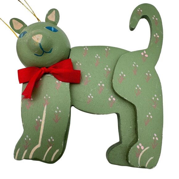 Set Of 2 Vintage Folk Art Cat Wooden Christmas Ornaments Hand Painted 1985 - Picture 8 of 8